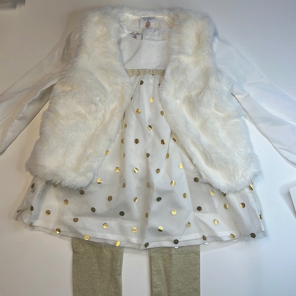 Starting Out White & Gold Sparkle 3PC Set, Faux Fur Vest, Shirt, & Leggings, NWT - Picture 2 of 7